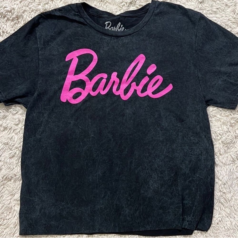 Barbie Mattel l Stonewashed Distressed Black Top l Raw Hem Pink “Barbie L
